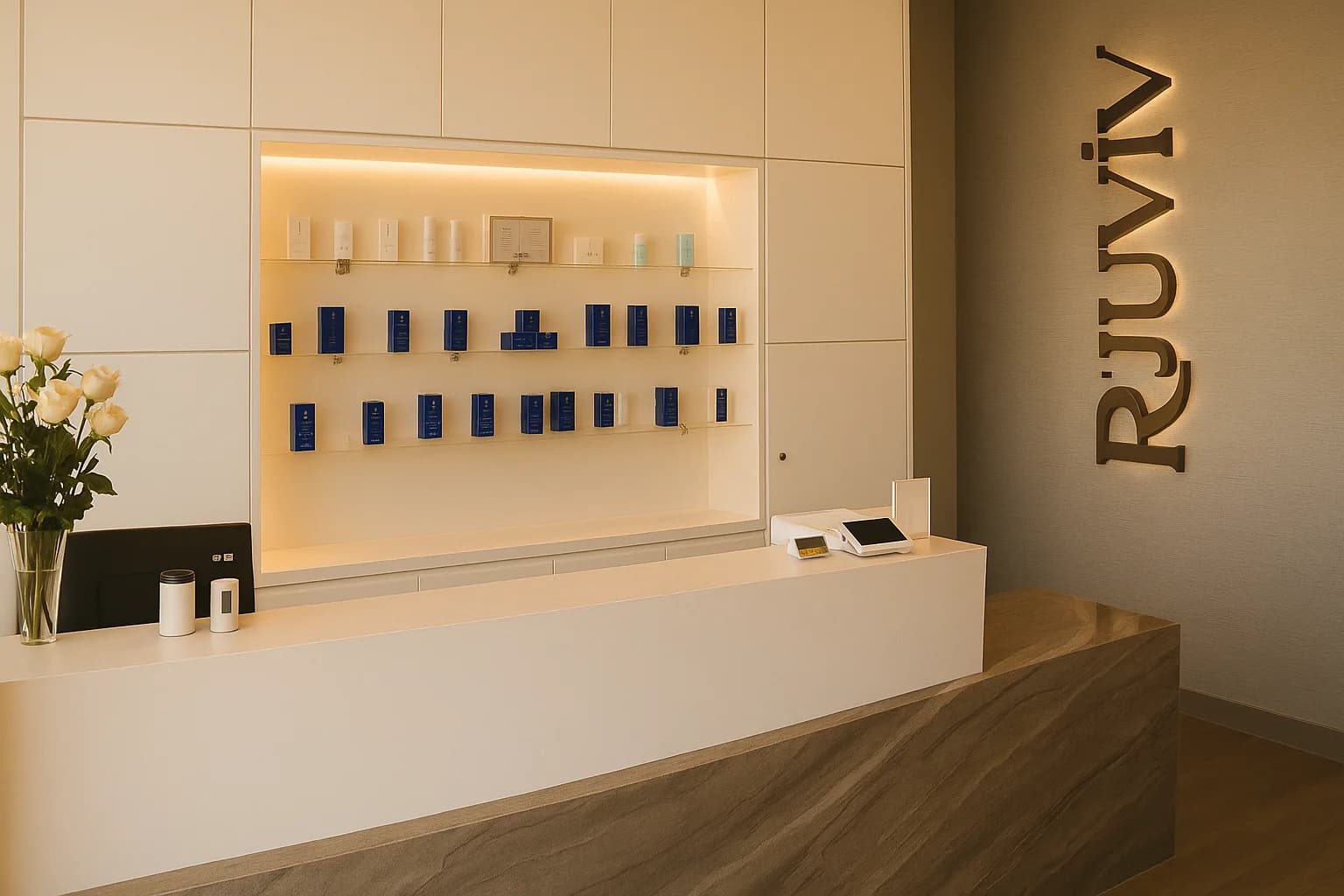 Curated skincare shelving at RejuvLV