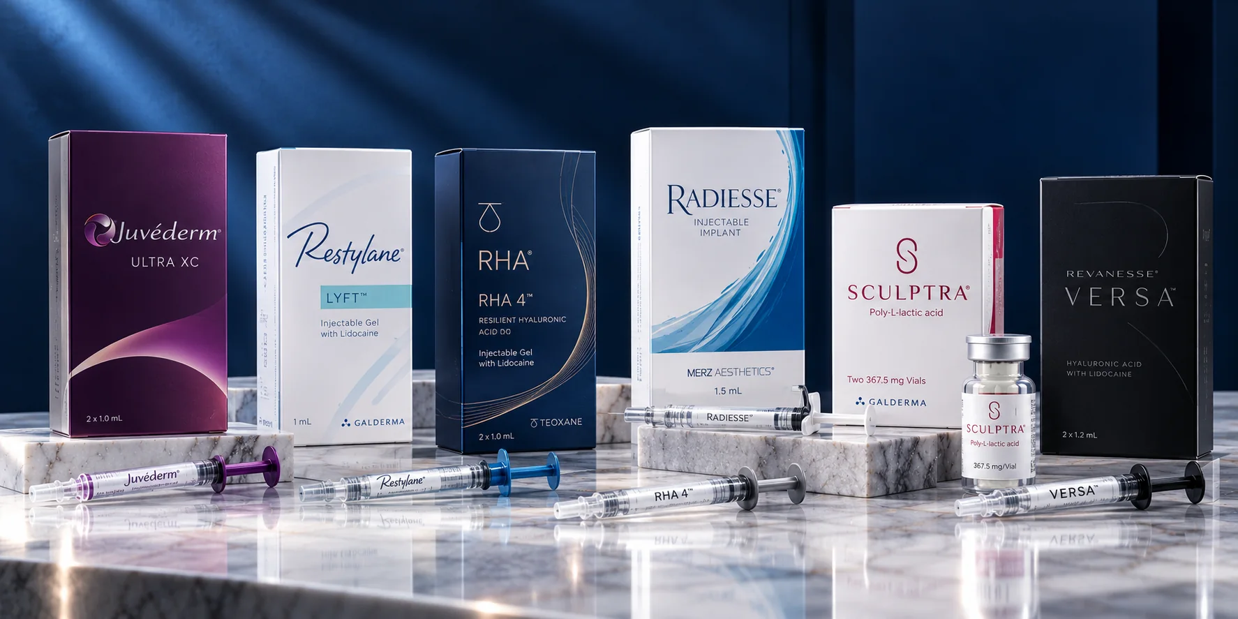 Hyaluronic acid and collagen-stimulating dermal fillers